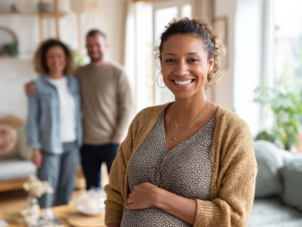 Pregnant woman with two adults in the background